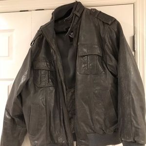 Gray blue label leather bomber jacket